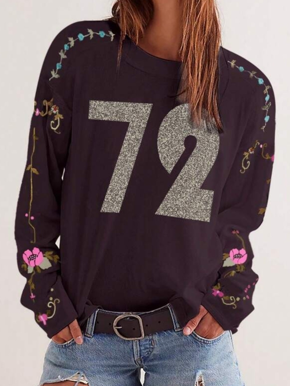 We The Free Dark Plum Floral '72' Glitter Graphic Sweatshirt